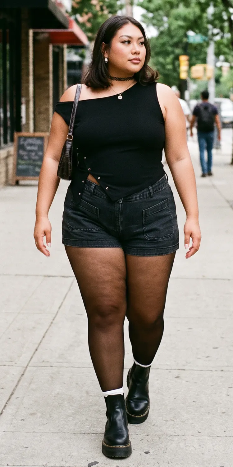 Pair Asymmetric Necklines with Black Tights and Chunky Platform Boots