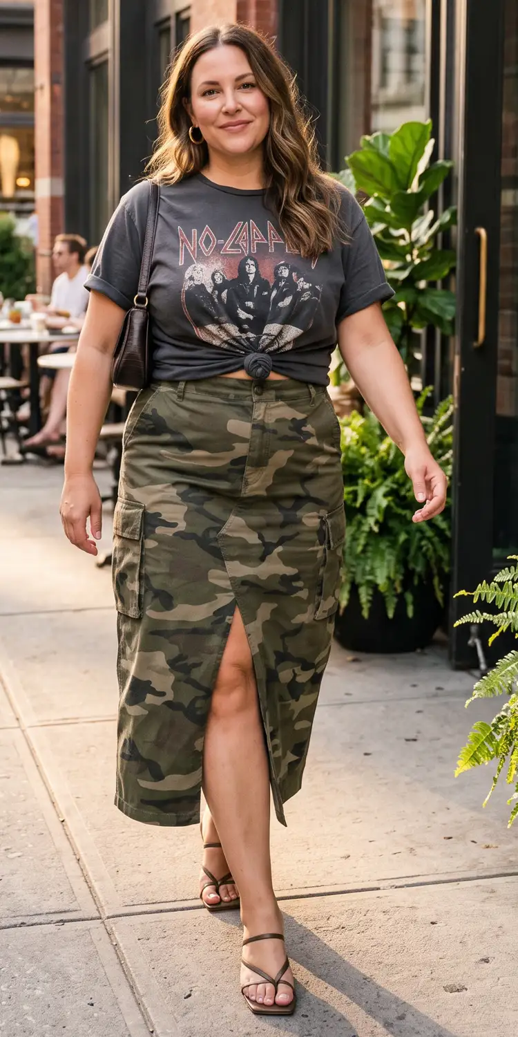 Pair a High-Slit Cargo Midi Skirt with a Knotted Graphic Tee