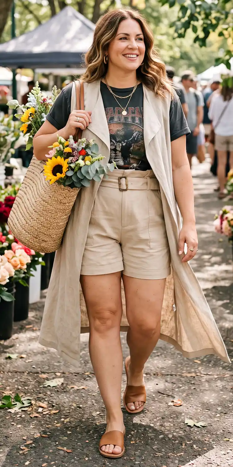 Paperbag-Waist Tailored Shorts with a Draped Open Duster and Graphic Tee