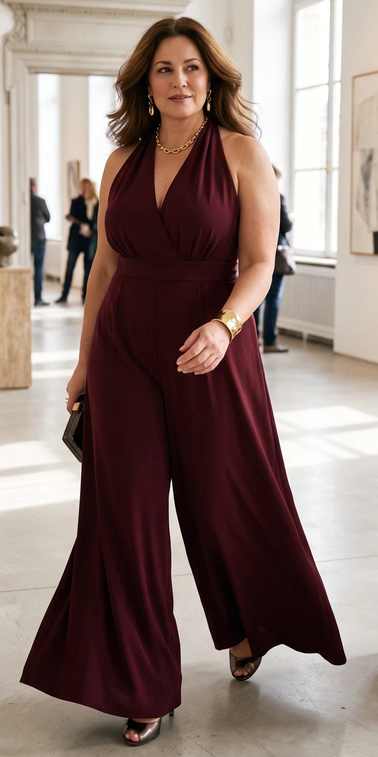 Pick a Plunging Halter Jumpsuit with Sweeping Wide Legs