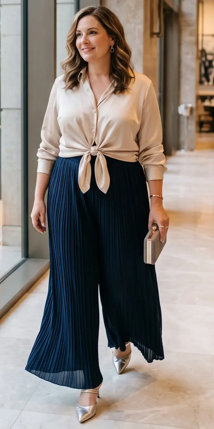 Pleated Wide-Leg Palazzo Pants with a Front-Knot Satin Blouse