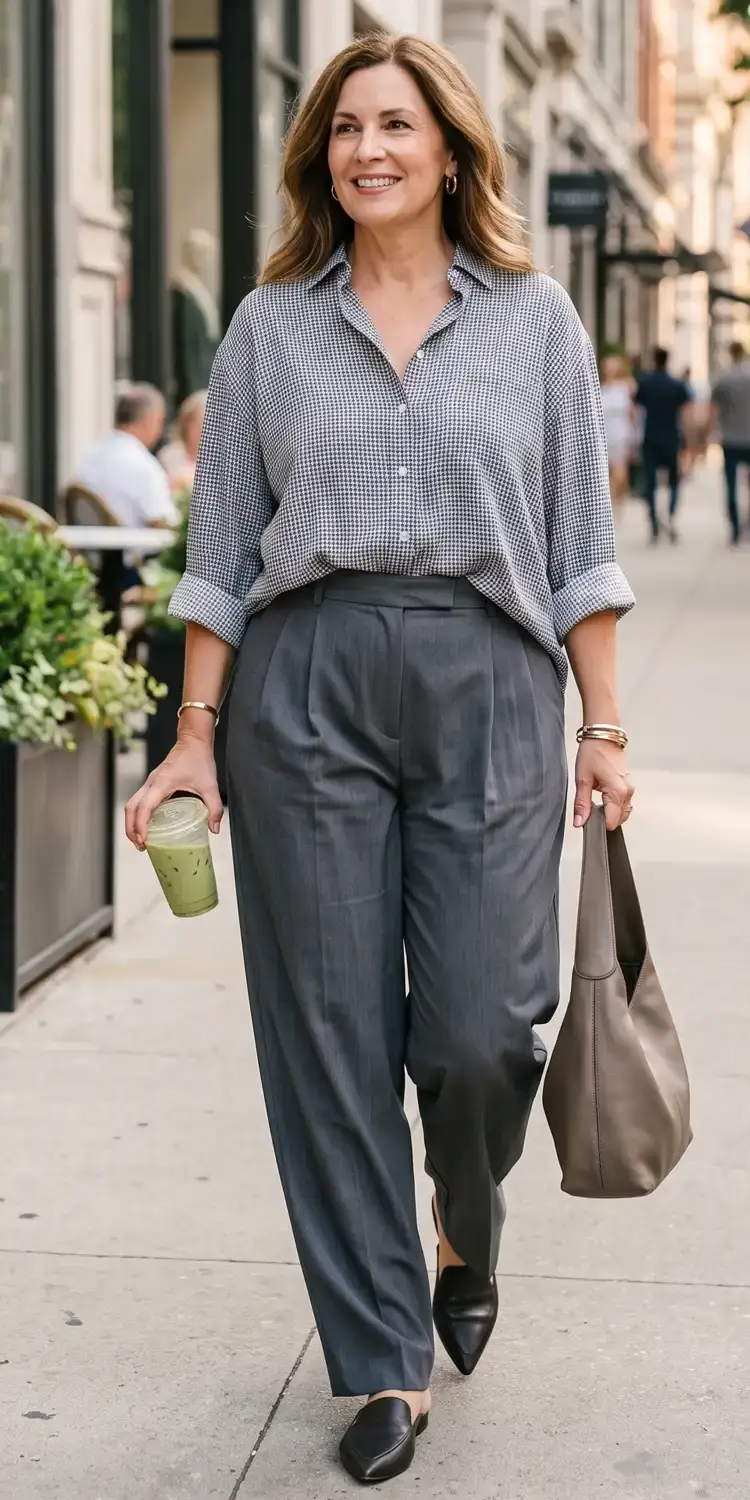 Relaxed Half-Tucked Patterned Button-Down Over Fluid Pleated Slacks