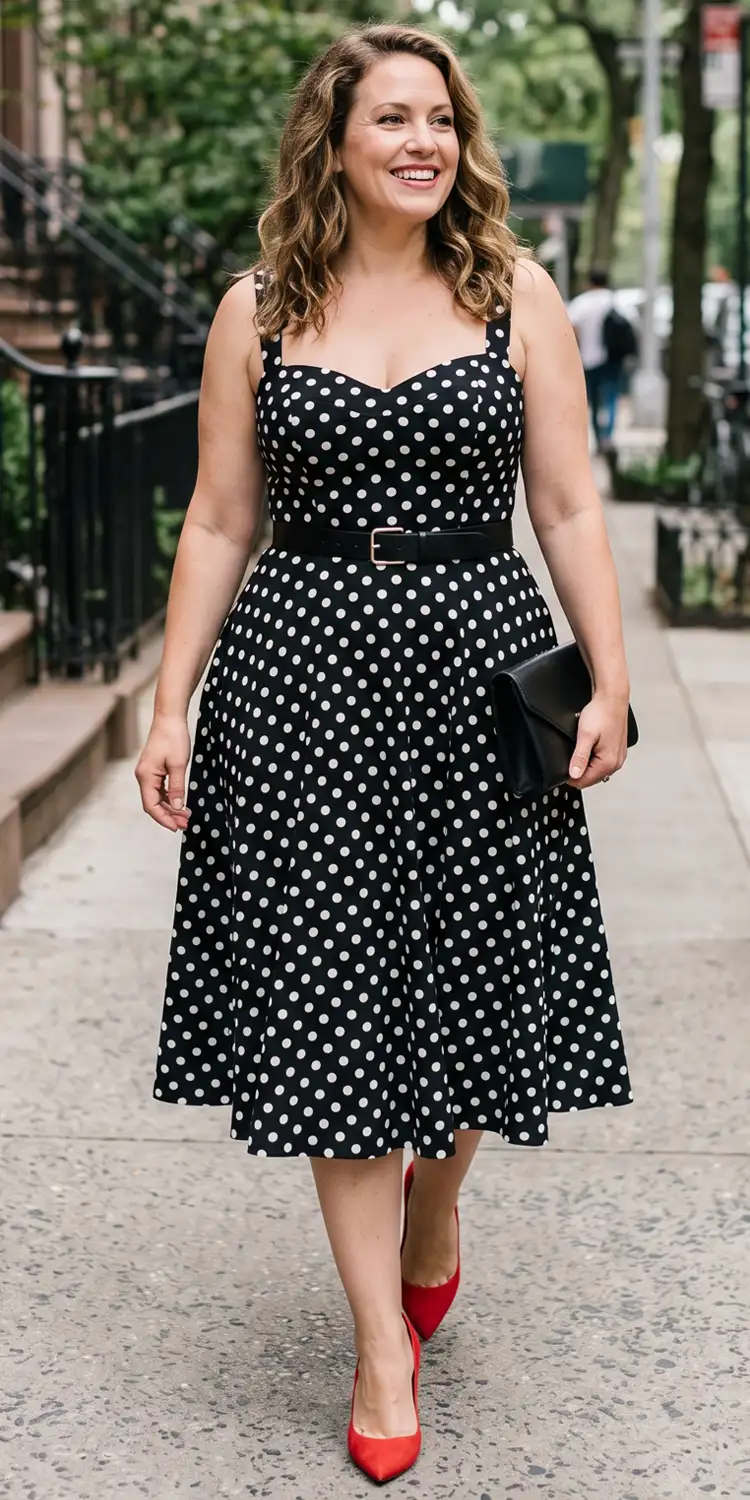 Retro Polka Dot Sweetheart Corset Dress with a Defined Waist Belt