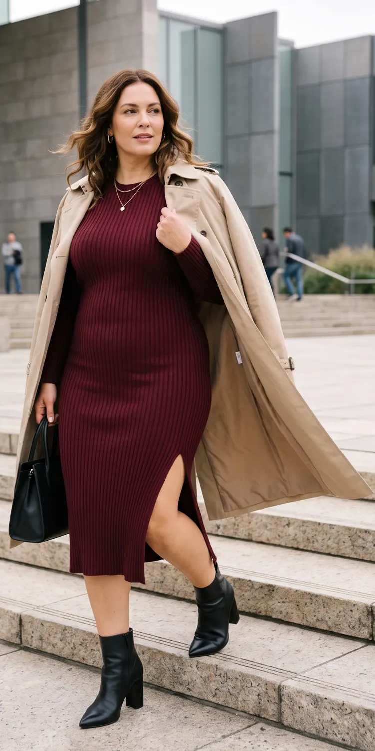 Ribbed Knit Midi Dress with Side Slit