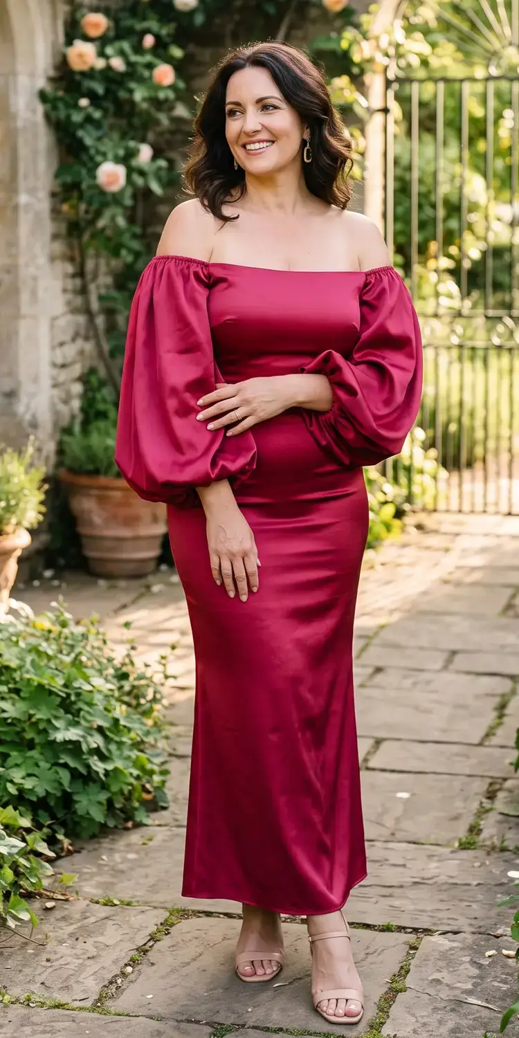 Rich Berry Satin Column with Bardot Balloon Sleeves