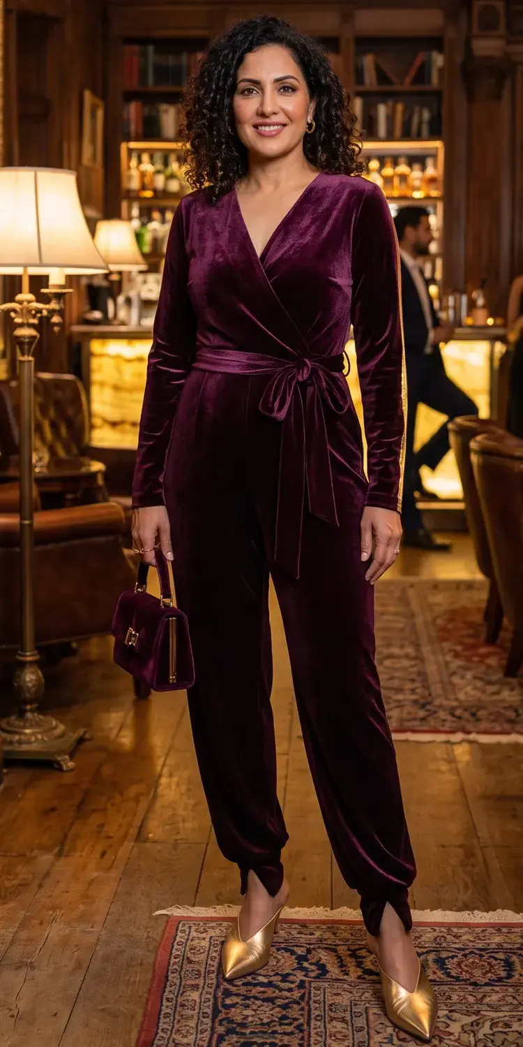 Rich Plum Velvet Wrap Jumpsuit with Pointed Metallic Mules