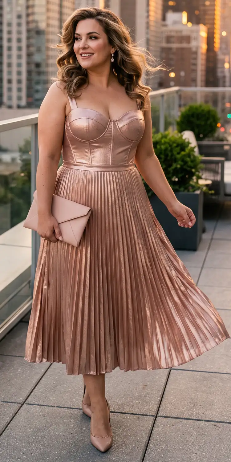 Rose Gold Metallic Corset Dress with Pleated A-Line Hem