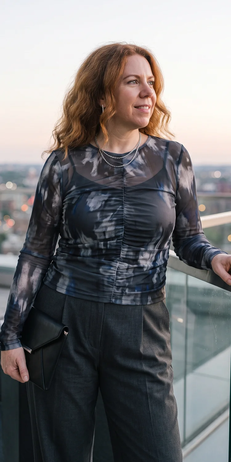 Ruched Mesh Long-Sleeve Top with Fluid Wide-Leg Slacks