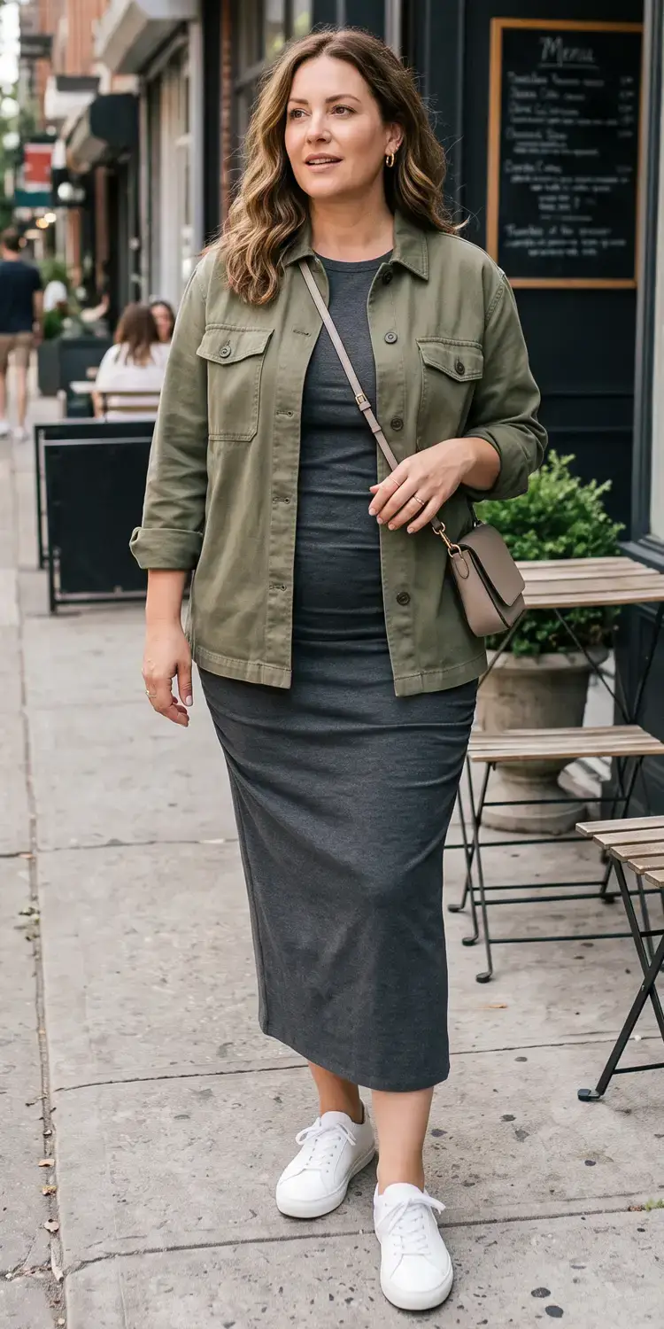 Ruched Side-Seam Midi Dress Styled Under an Unbuttoned Utility Shacket