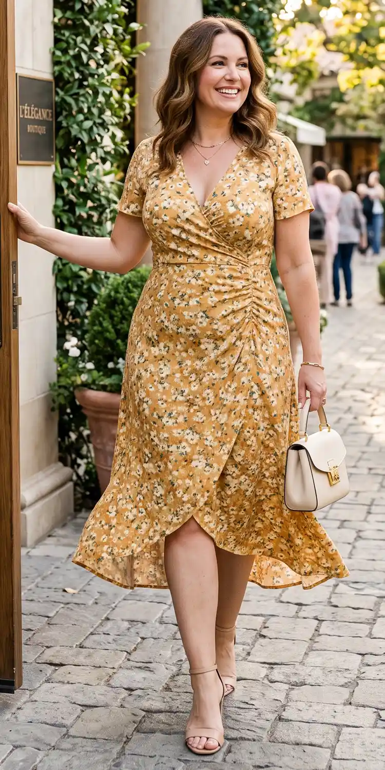 Ruched V-Neck Wrap Midi Dress in Warm Sunny Floral