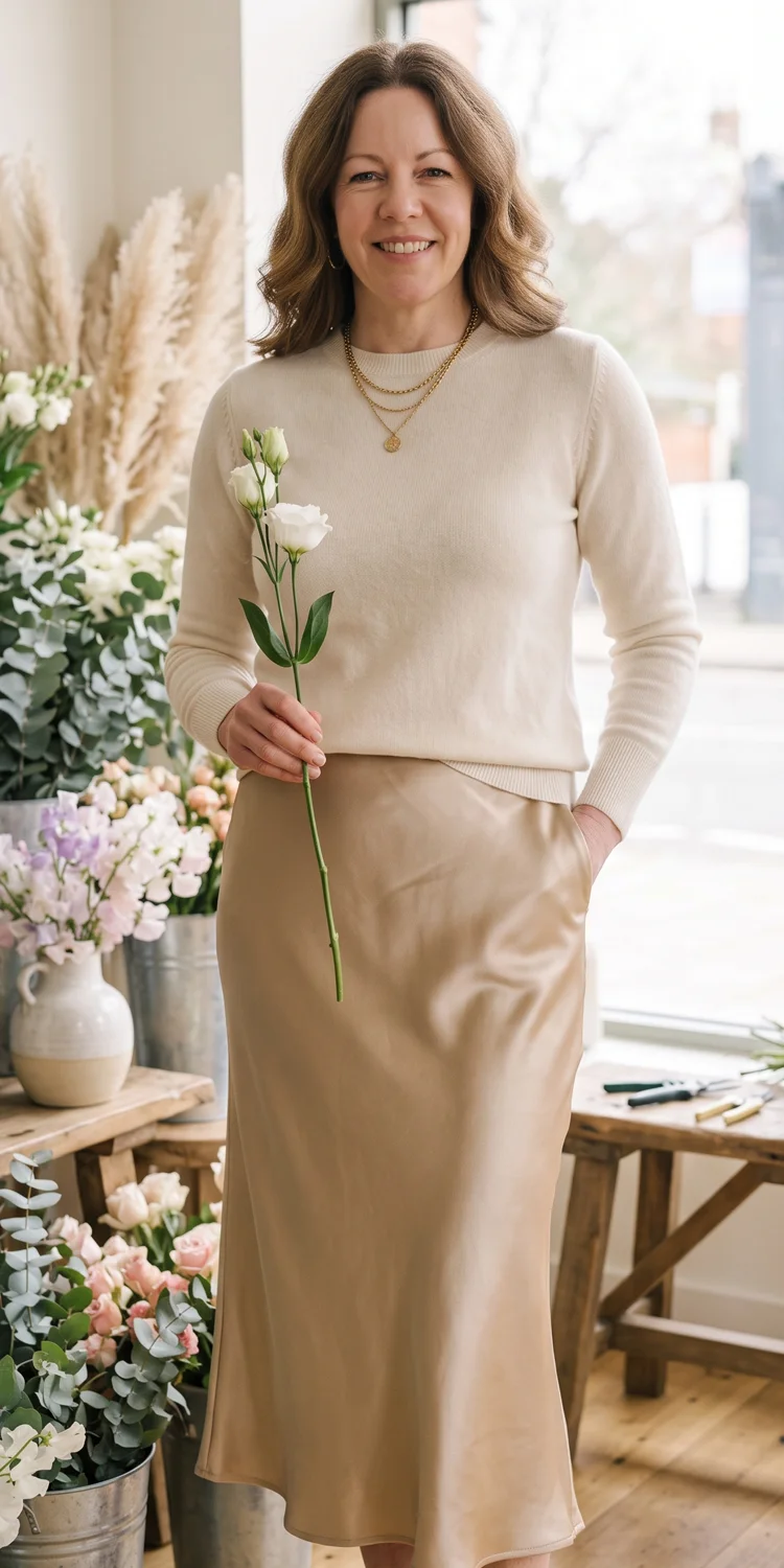 Satin Bias Midi Skirt Grounded by a Fitted Fine-Gauge Sweater