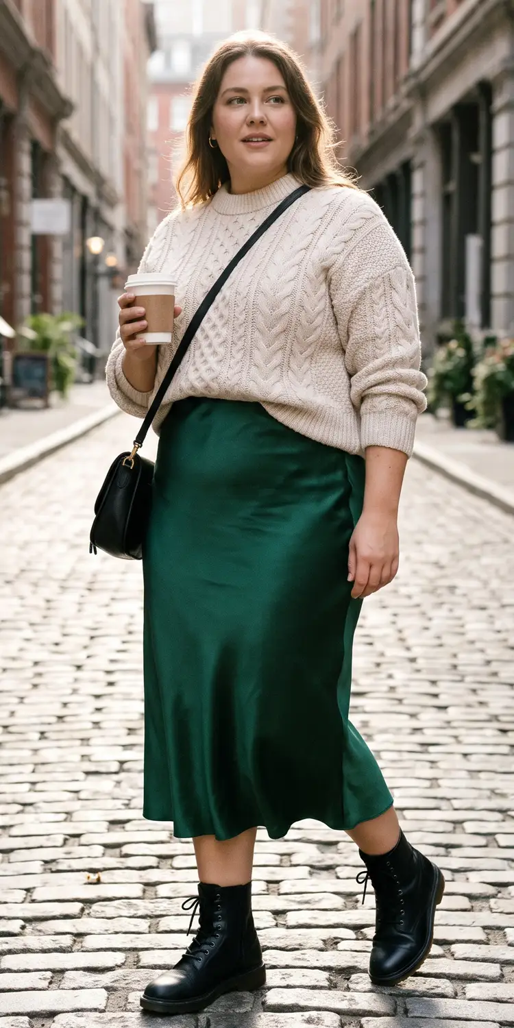 Satin Slip Skirt with a French-Tucked Chunky Knit and Combat Boots