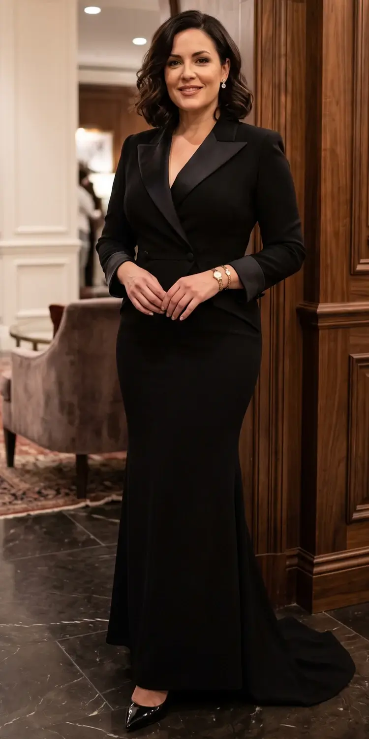 Sculpted Tuxedo Gown with a Satin Peak Lapel