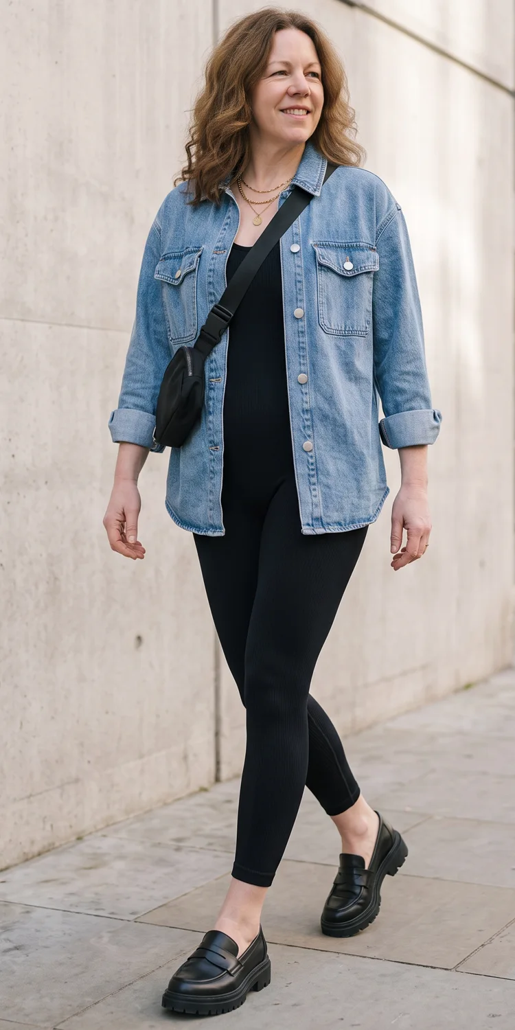 All-Black Seamless Catsuit Balanced by an Open Denim Utility Shacket
