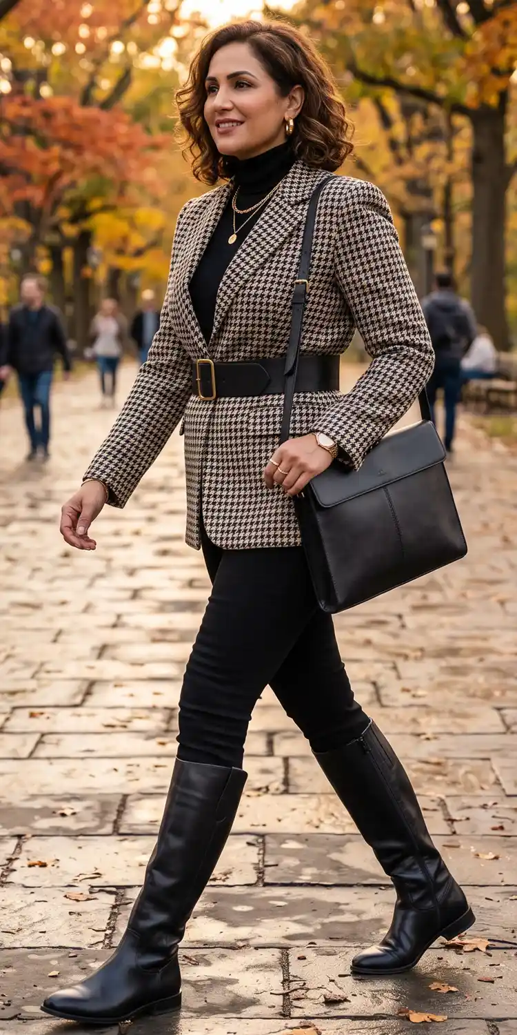 Sharp Houndstooth Blazer Belted Over an All-Black Base Layer and Tall Boots