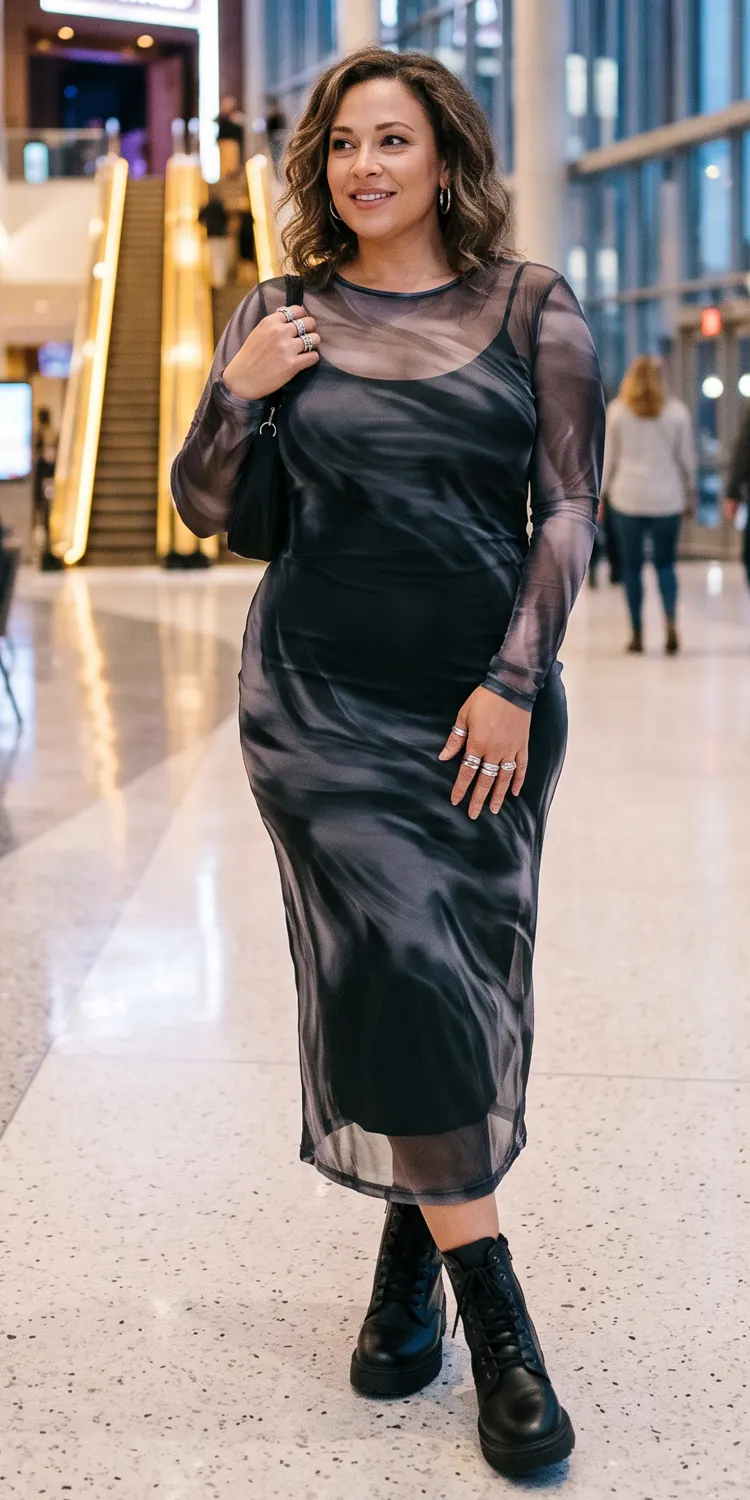 Wear a Sheer Printed Mesh Midi Dress Over a Seamless Supportive Shaper Slip