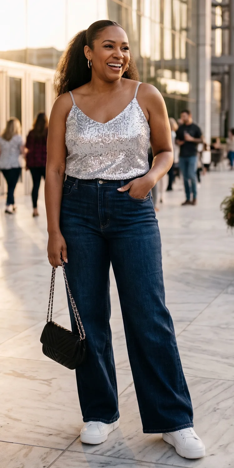 Pair a Silver Sequin Cami with Wide Leg Dark Denim and Cushioned Platform Sneakers