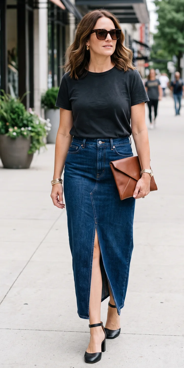 Swap Distressed Skinny Jeans for a Clean Slitted Denim Maxi Skirt