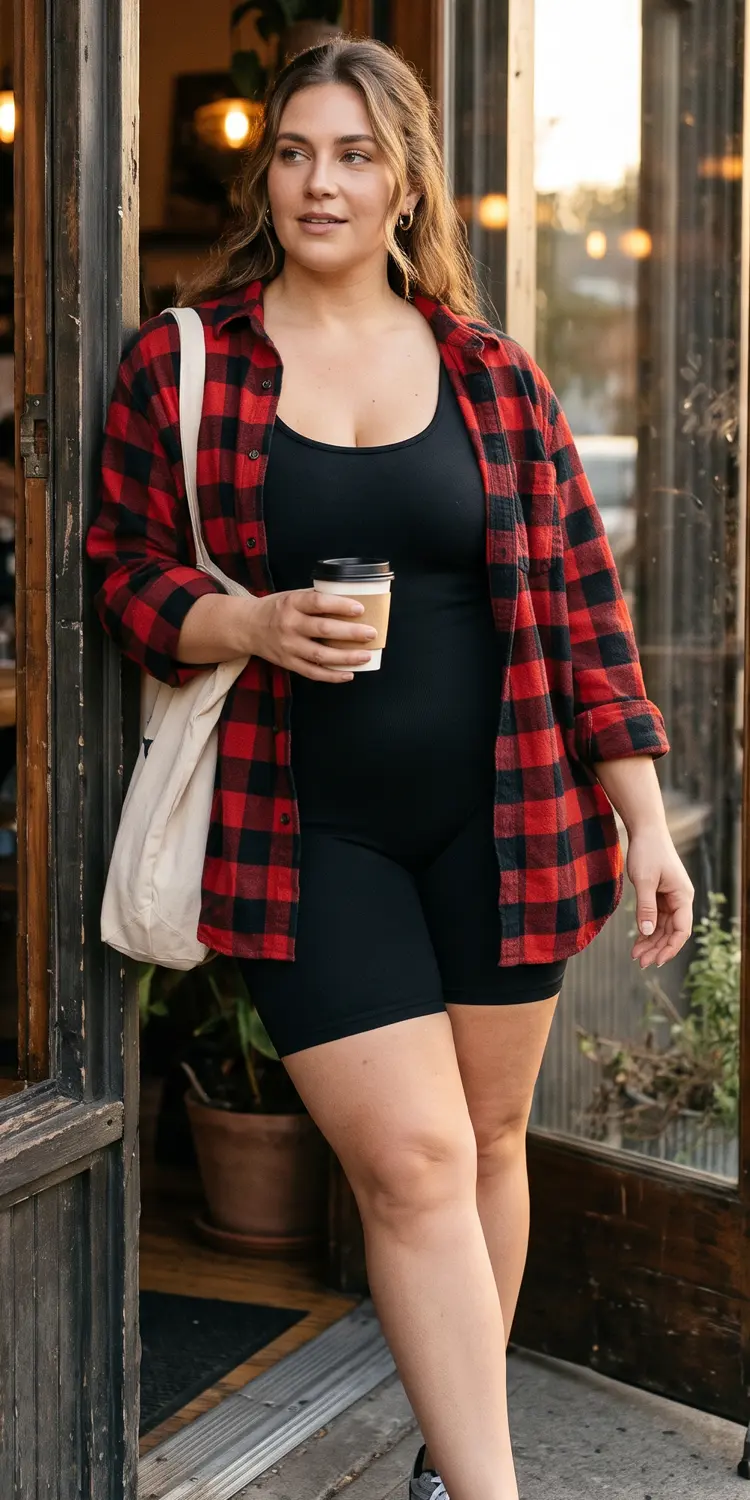 Smoothing Athleisure Bodysuit Layered Under an Unbuttoned Heavyweight Flannel