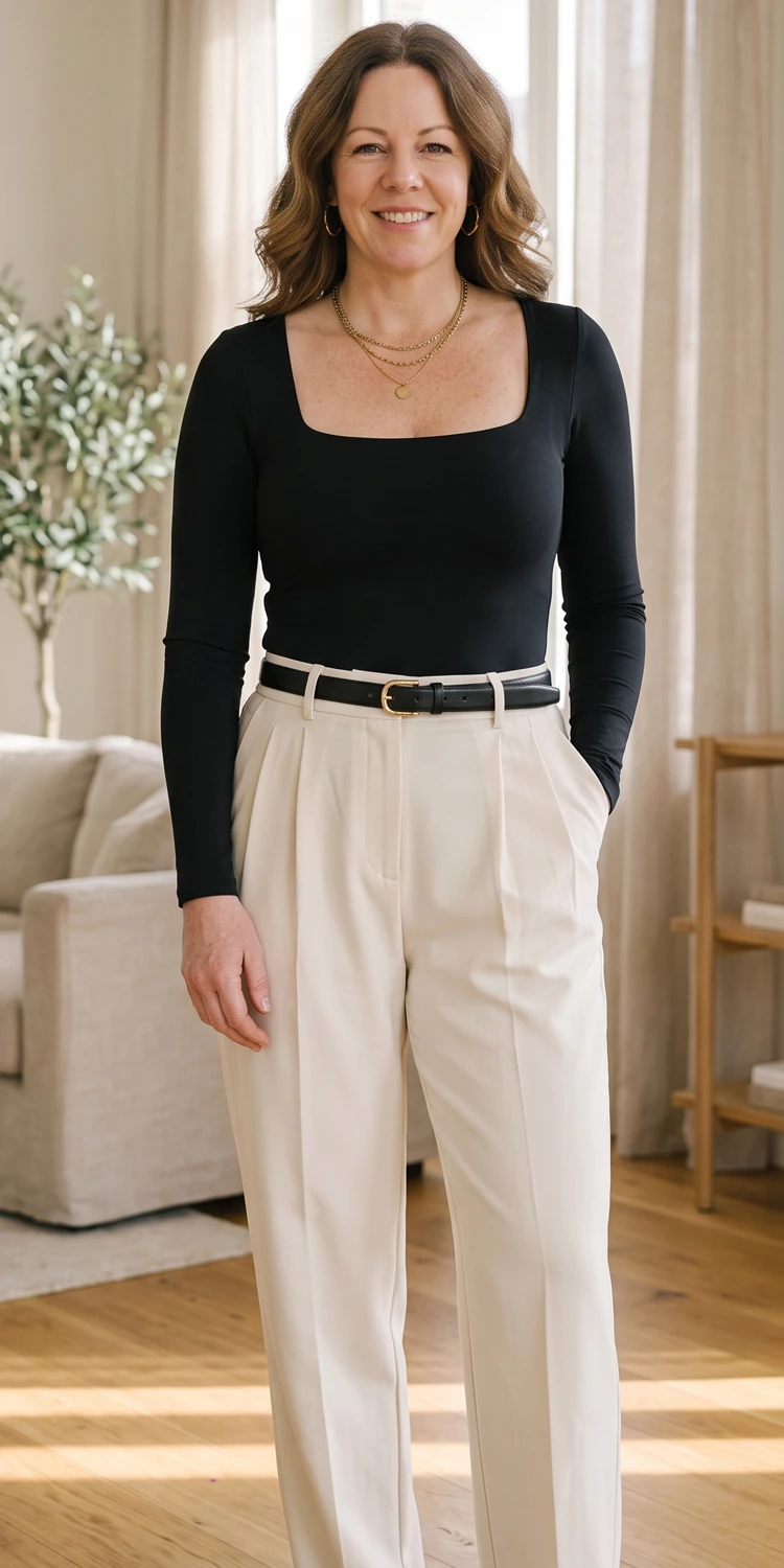 Smoothing Black Contour Bodysuit with Pleated Cream Trousers