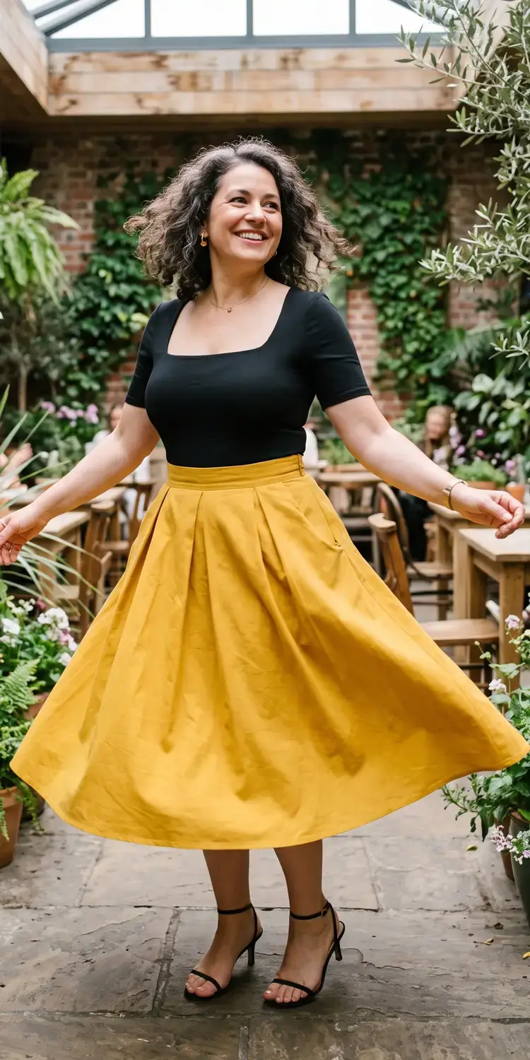 Square-Neck Fitted Bodysuit with a High-Waisted Yellow Swing Skirt