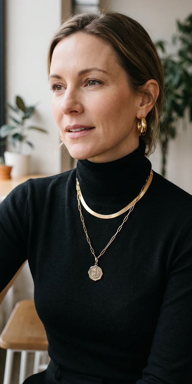 Stack Heavy Gold Hardware Over High-Collar Basics