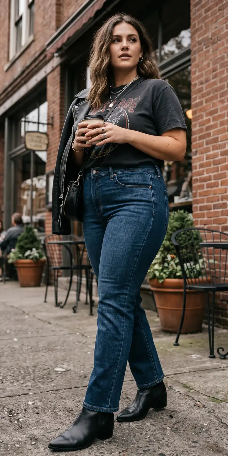 Straight-Leg Dark Wash Jeans with a Graphic Band Tee and Pointed Booties