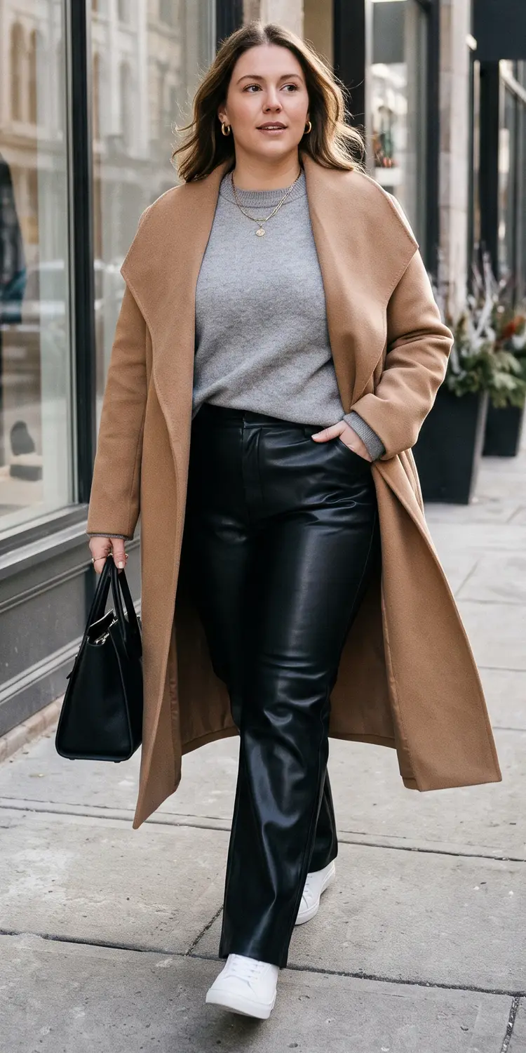 Straight-Leg Faux Leather Pants with a Soft Crewneck Sweater and Minimalist Coat