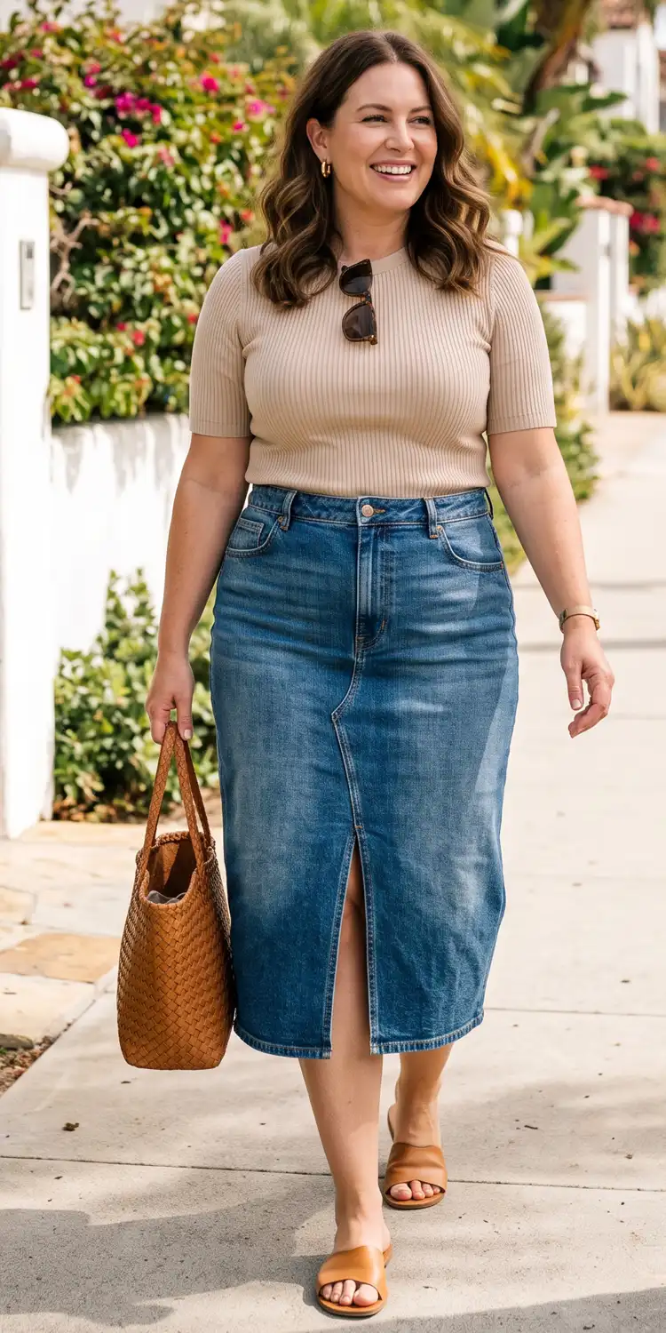 Structured Denim Midi Skirt with a Center Split