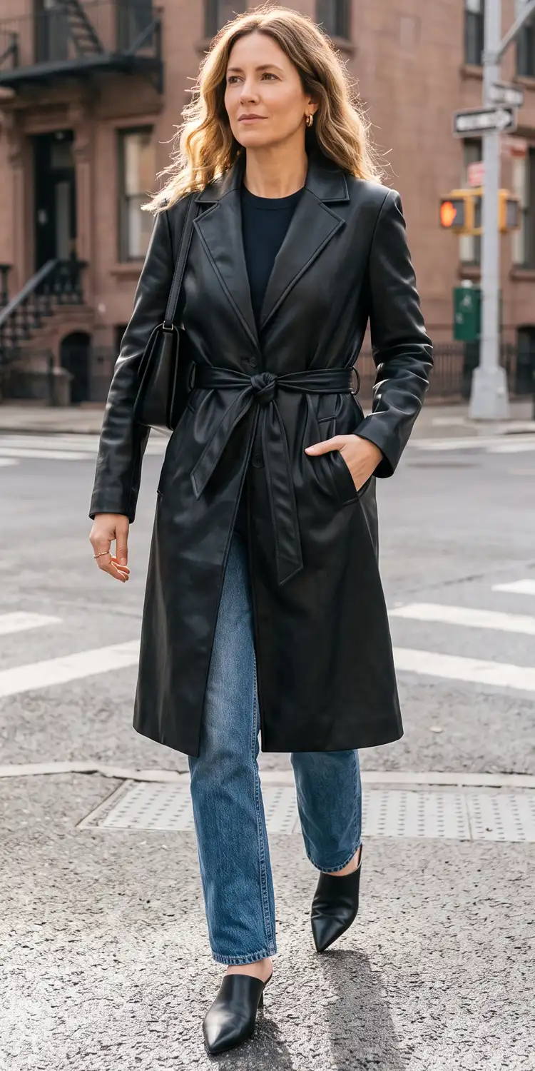 Trade Standard Cardigans for a Structured Faux Leather Trench