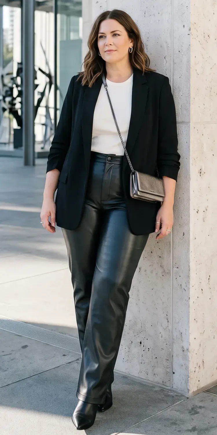 Structured Faux-Leather Trousers with an Open Longline Blazer