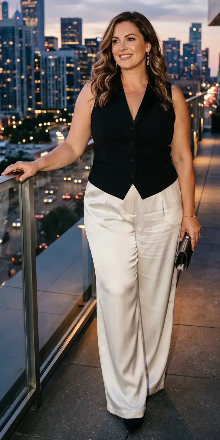 Structured Tuxedo Vest Worn as a Top Over Fluid Satin Wide-Leg Pants