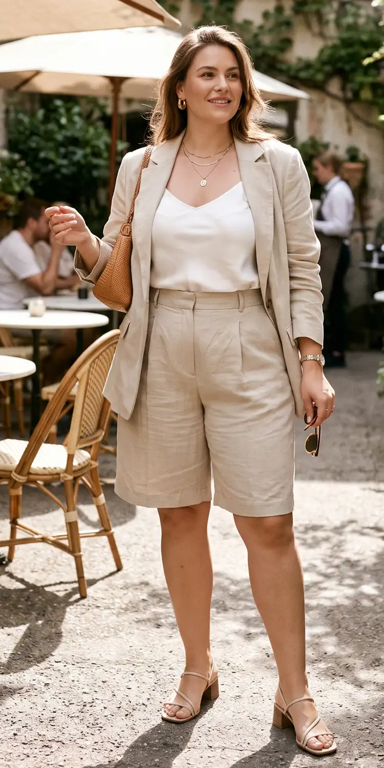 Tailored Short Suit with a Seamless Contrast Camisole and Block-Heel Sandals