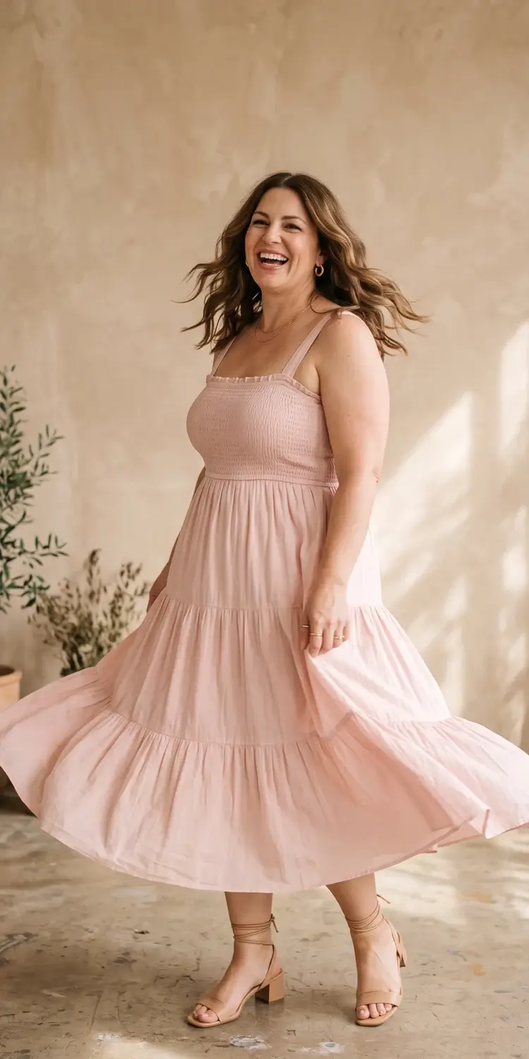Tiered A-Line Sundress Featuring a Smocked Bodice and Strappy Block Heels