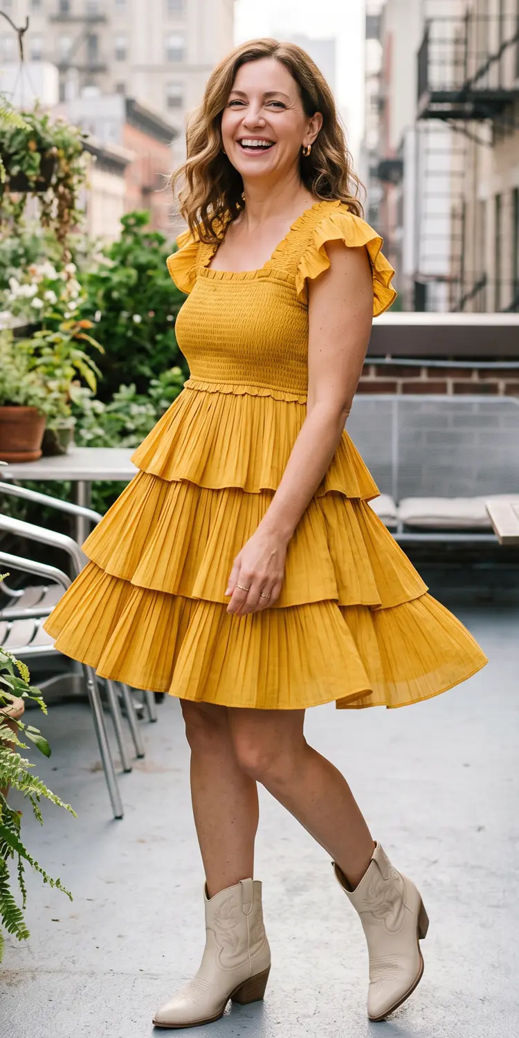 Wear a Tiered Smocked Babydoll Dress with Western Boots