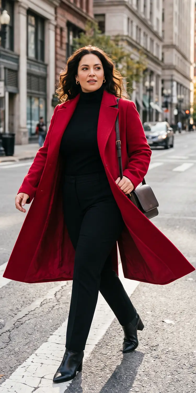 Top Off Neutral Autumn Layers With a Sharp Outerwear Pop in Crimson