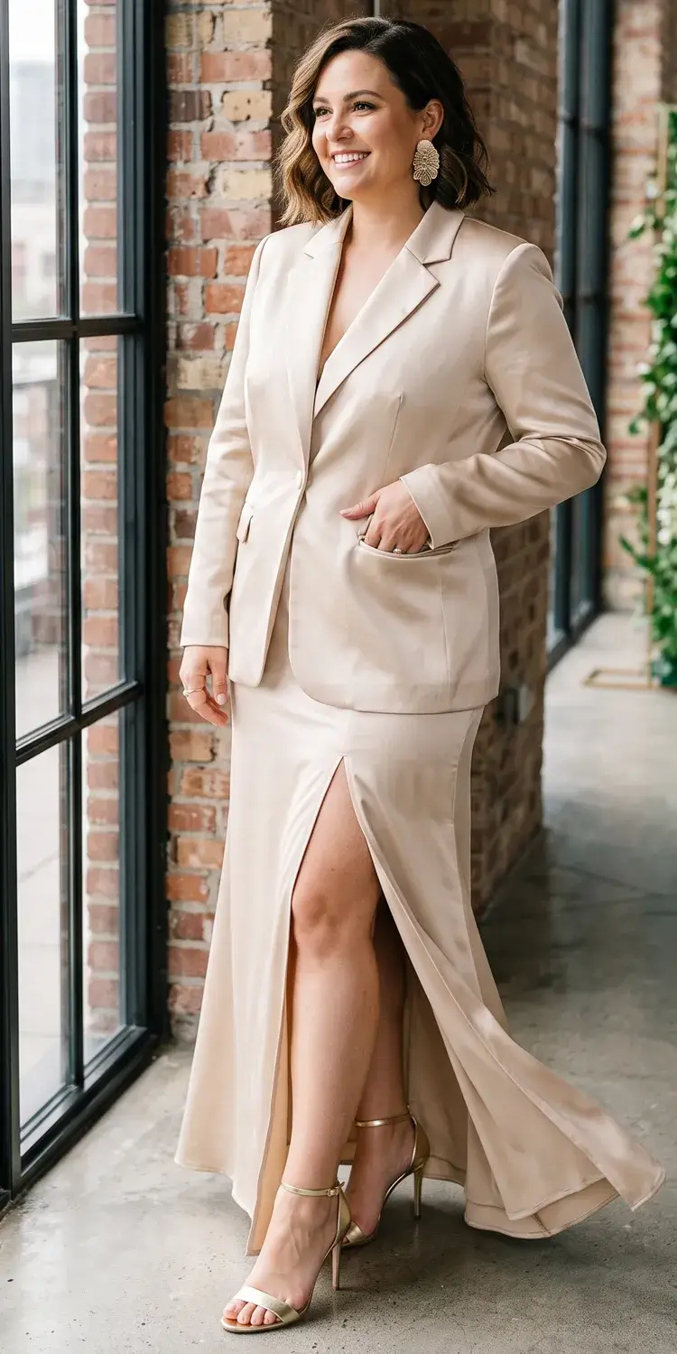 Two-Piece Satin Blazer and High-Slit Maxi Skirt Set