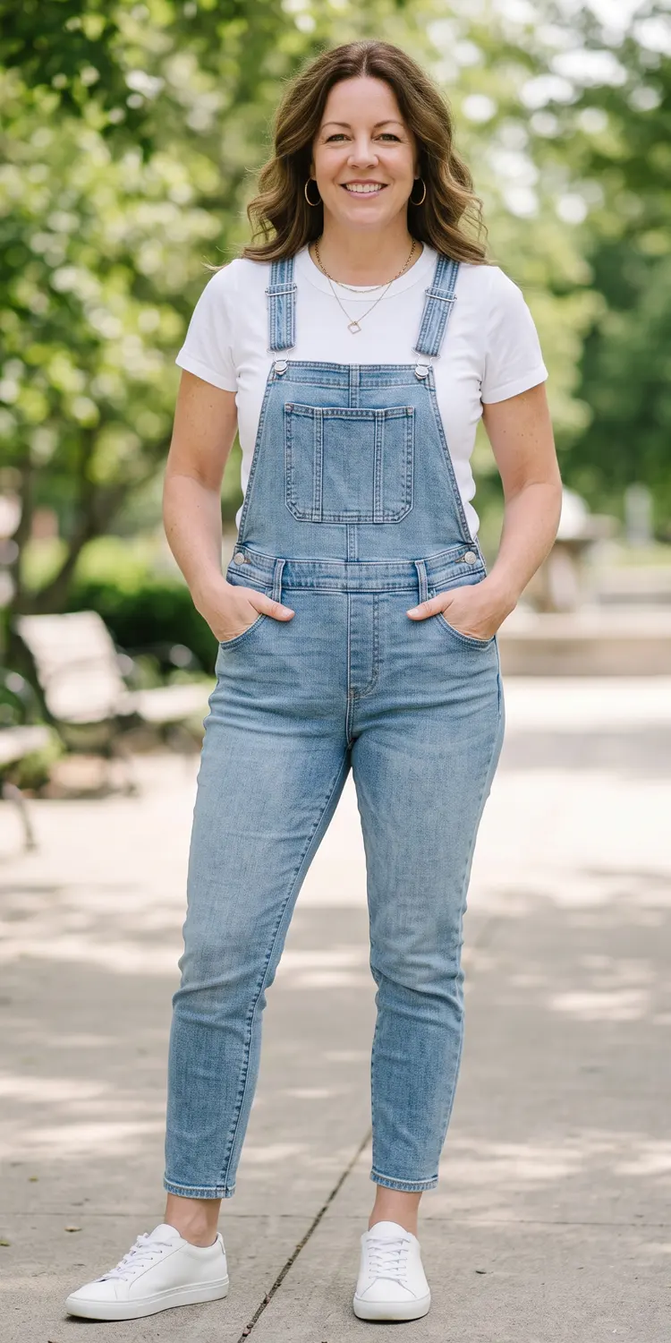 Clean White Crewneck Tucked Under Slim-Cut Denim Overalls