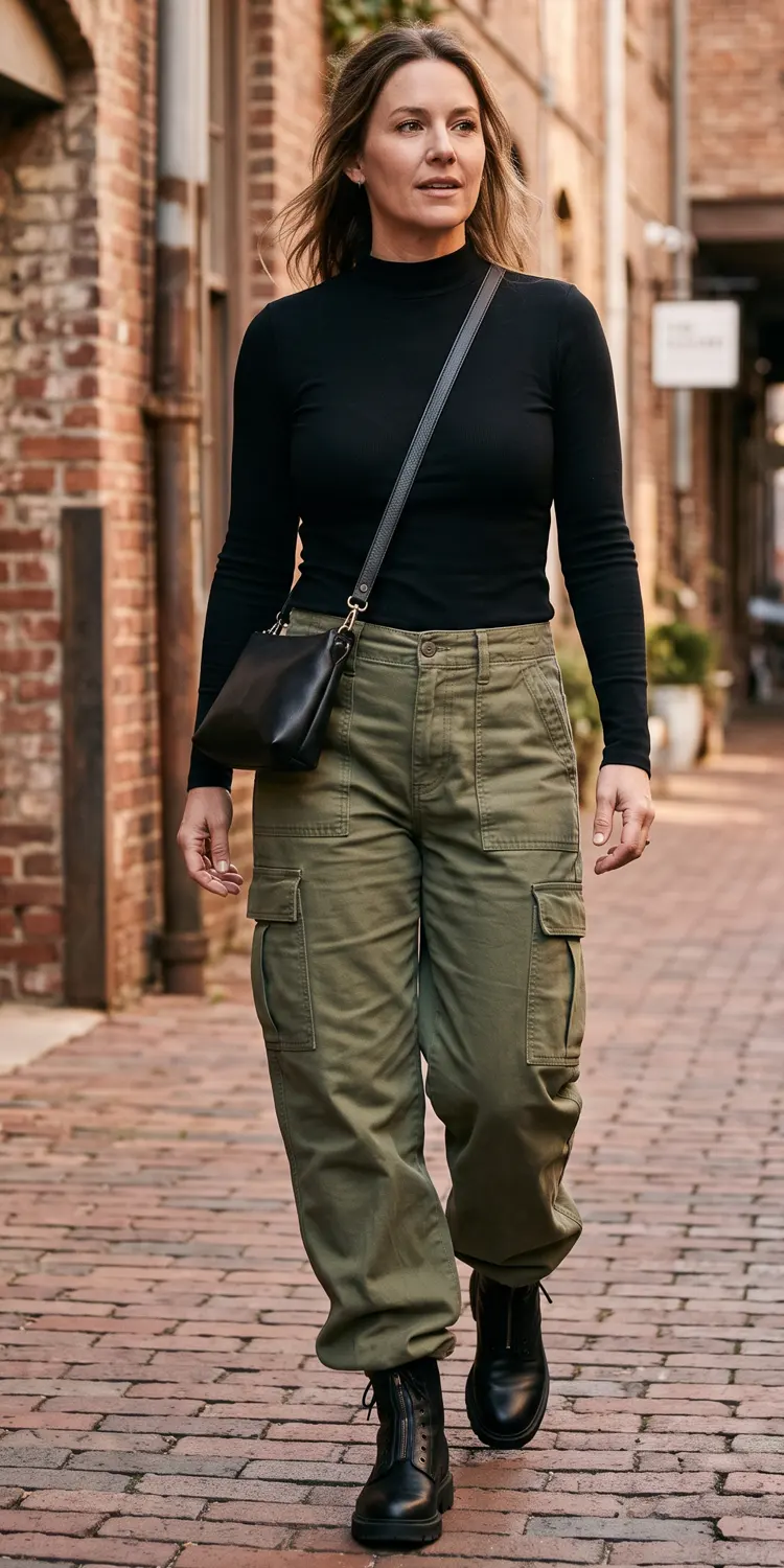 Pair Wide-Leg Cargo Trousers with a Form-Fitting Mock Neck