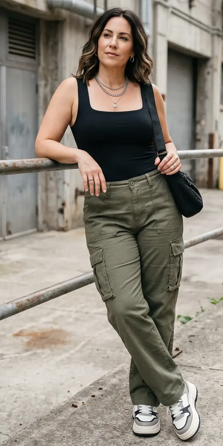 Wide-Leg High-Rise Cargo Trousers with a Square-Neck Compression Tank