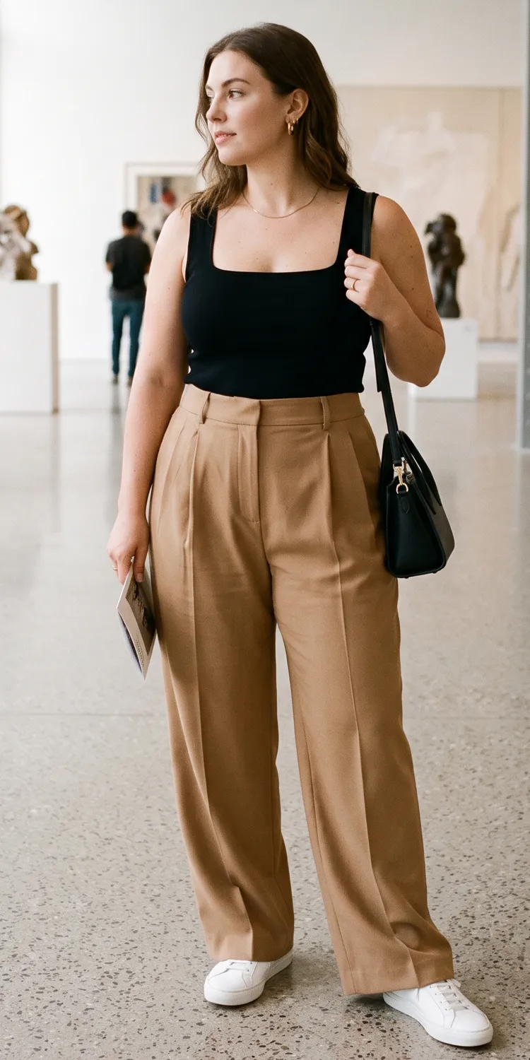Wide-Leg Pleated Trousers with a Square-Neck Tank and Clean White Sneakers