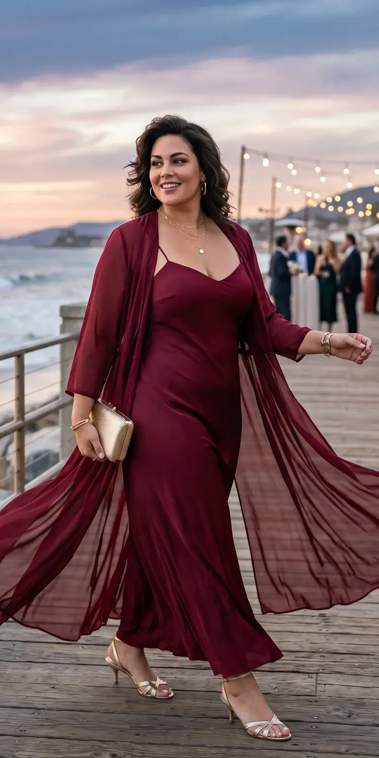 Wine-Red Sweetheart Slip with a Sheer Chiffon Duster